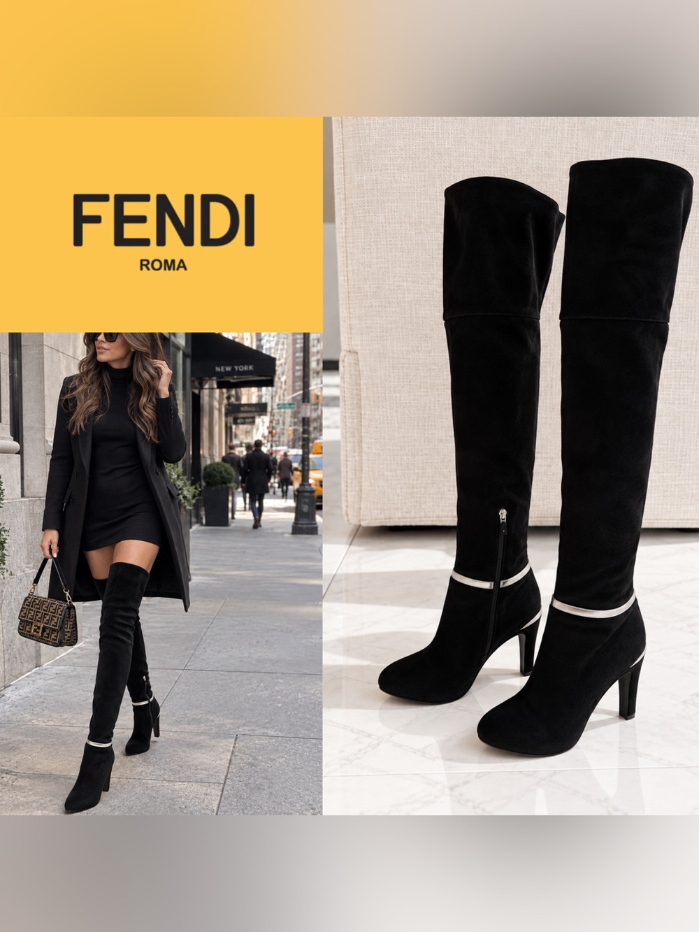 Fendi Black Suede Over-the-Knee Fold-Over Boots – Size 39.5 with silver trim